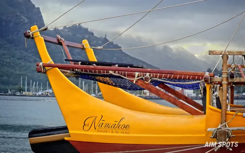 traditional Polynesian fishing boat in lagoon