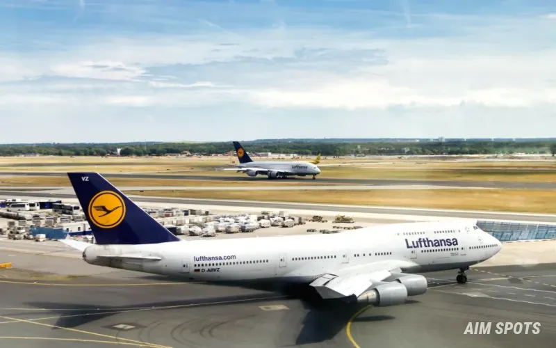Lufthansa airplane at airport gate