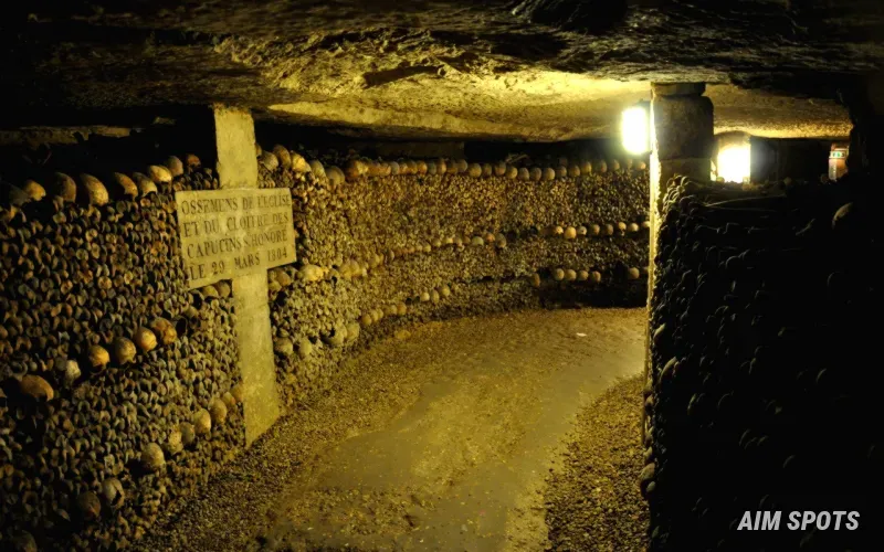 Paris Catacombs bone walls and skulls