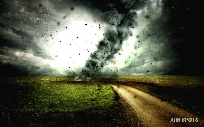 dark tornado storm clouds over field