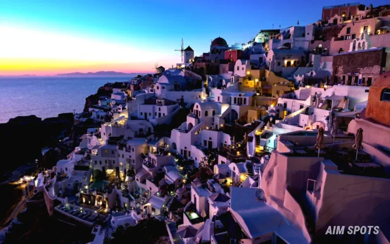Santorini sunset whitewashed buildings